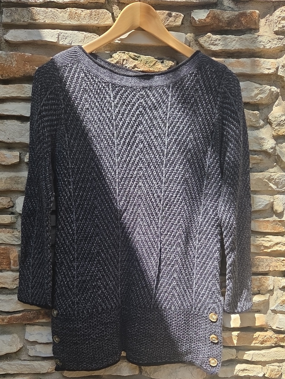 Women's Charcoal Textured Crewneck Sweater with Side Button Detail - L